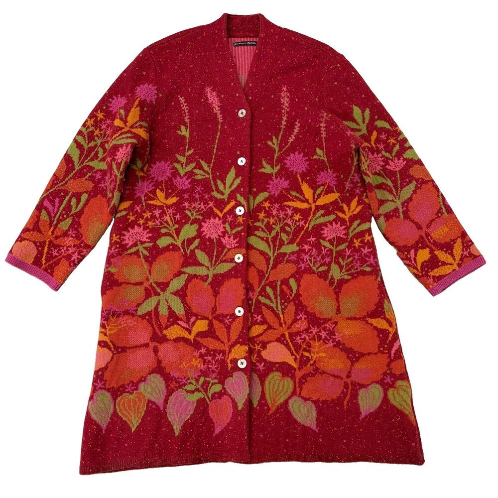 Gudrun Sjoden Wool & Eco Cotton Long Floral Cardigan Size XL Red